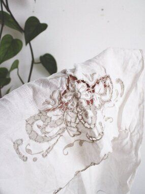 Vintage White Embroidered Linen Fabric Panels Floral Cutwork Pair Cottagecore